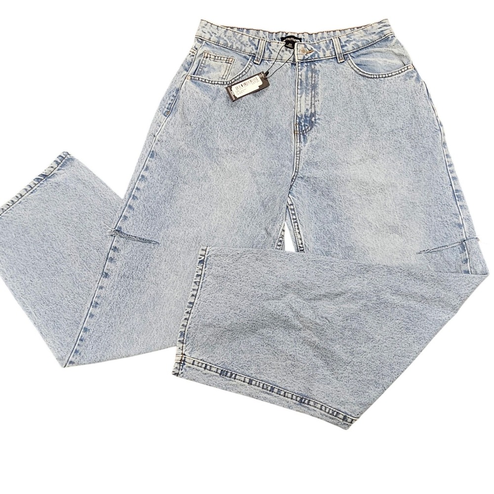 NWT‎ PRETTYLITTLETHING High Rise Thigh Split Boyfriend Jeans 8 Light Blue Baggy
